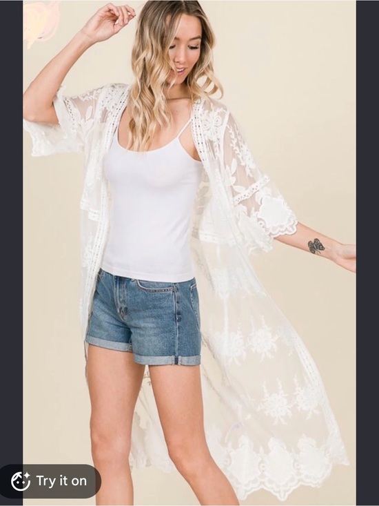 Dex Other - Dex Sheer Lace Embroidered Kimono Open Front Robe - white one size western rodeo